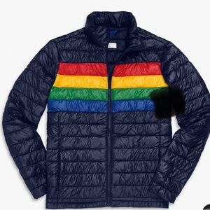 Primary Navy Puffer Jacket with Multicolor Stripes